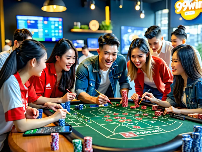 Hình ảnh nhóm người hâm mộ thể thao đang cùng nhau xem trận đấu, thể hiện niềm đam mê và sự chia sẻ kiến thức cá cược tại 99win
