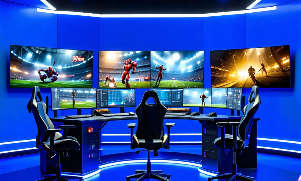 Một phòng studio hiện đại với màn hình lớn hiển thị giao diện trò chơi 99win, camera chuyên nghiệp và ánh sáng tối ưu, thể hiện công nghệ phát sóng trực tiếp chất lượng cao.