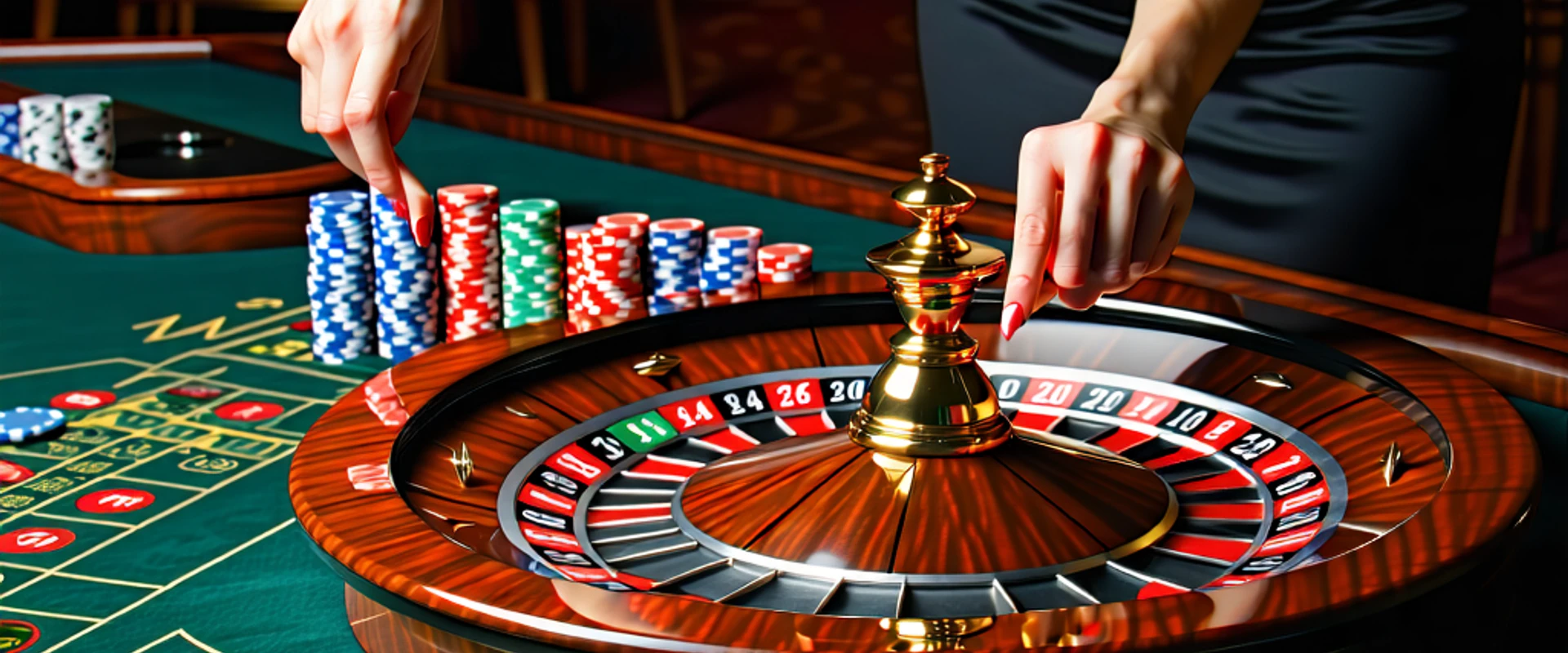 Bàn Roulette trực tuyến sang trọng tại 99win với các con chip và người chia bài.
