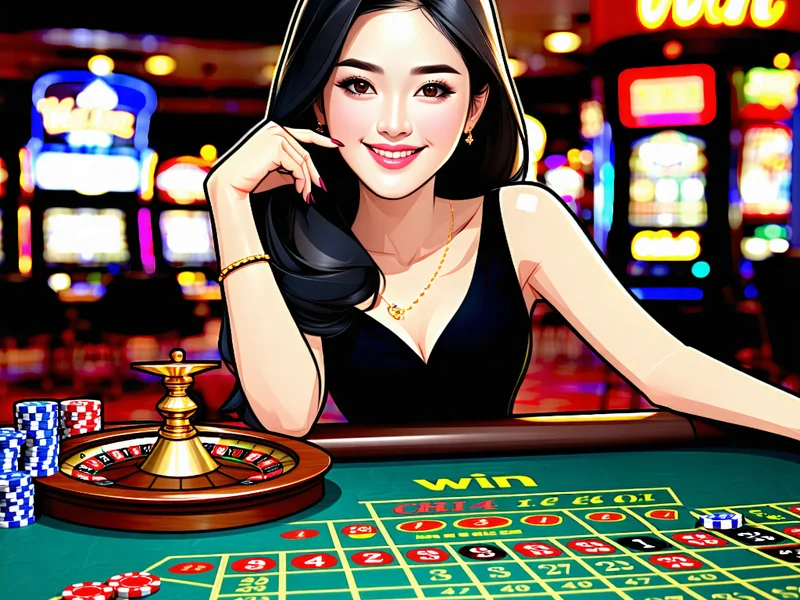 Một dealer nữ của 99win đang mỉm cười và tương tác thân thiện với người chơi qua màn hình, phía sau là bàn chơi Blackjack với chip và lá bài.