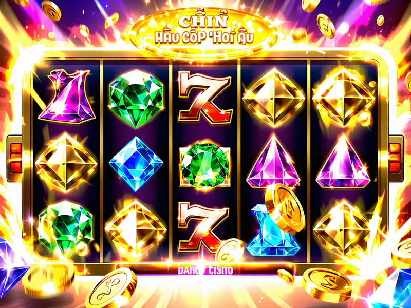 Hình ảnh một trò chơi slot nổ hũ mới với biểu tượng vàng, đá quý và hiệu ứng ánh sáng